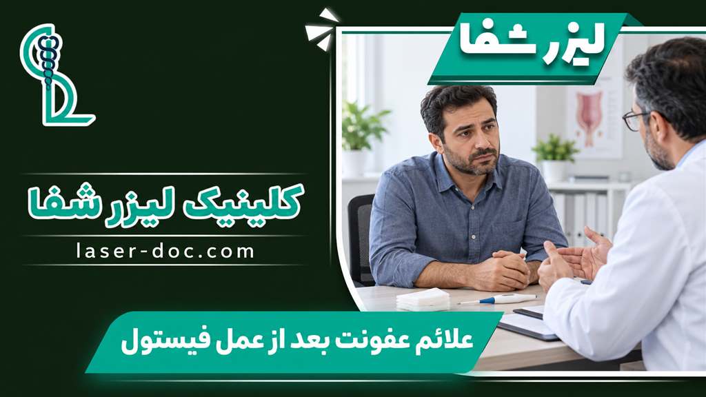 تصویر آموزشی بیمار و پزشک برای پیگیری علائم عفونت بعد از عمل فیستول با قالب کلینیک لیزر شفا