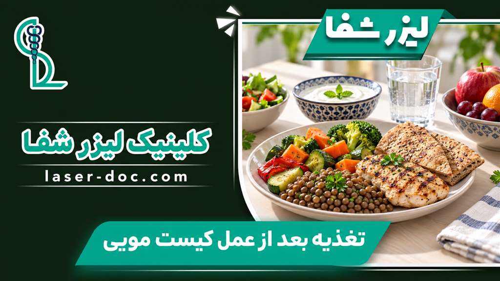 وعده متعادل شامل مرغ، حبوبات، سبزی، نان، ماست، میوه و آب با قالب کلینیک لیزر شفا