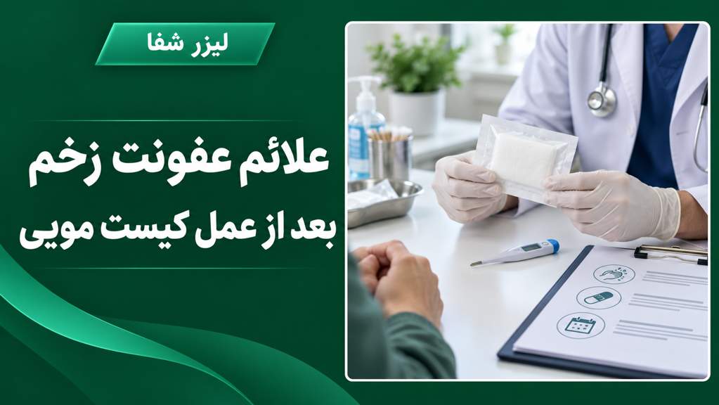 تصویر آموزشی پزشک با پانسمان تمیز و دماسنج برای پیگیری زخم پس از عمل کیست مویی